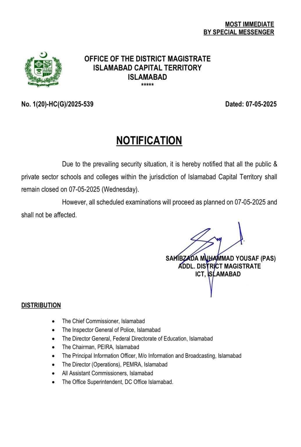 All Schools and Colleges in Islamabad Closed on May 7, 2025